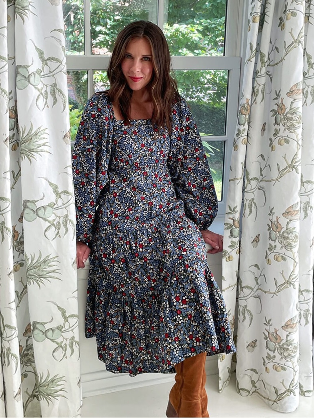 Summersalt The Tiered Puff Sleeve Dress Floral Square-Neck Midi Blue
